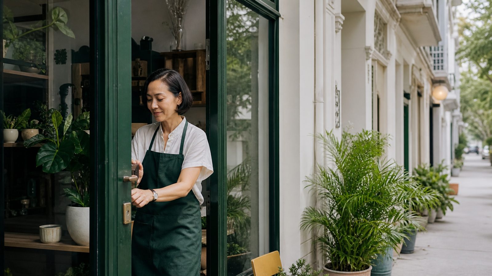 A shop owner in a dark green apron opening her shop door on a Singapore shophouse street lined with potted plants.